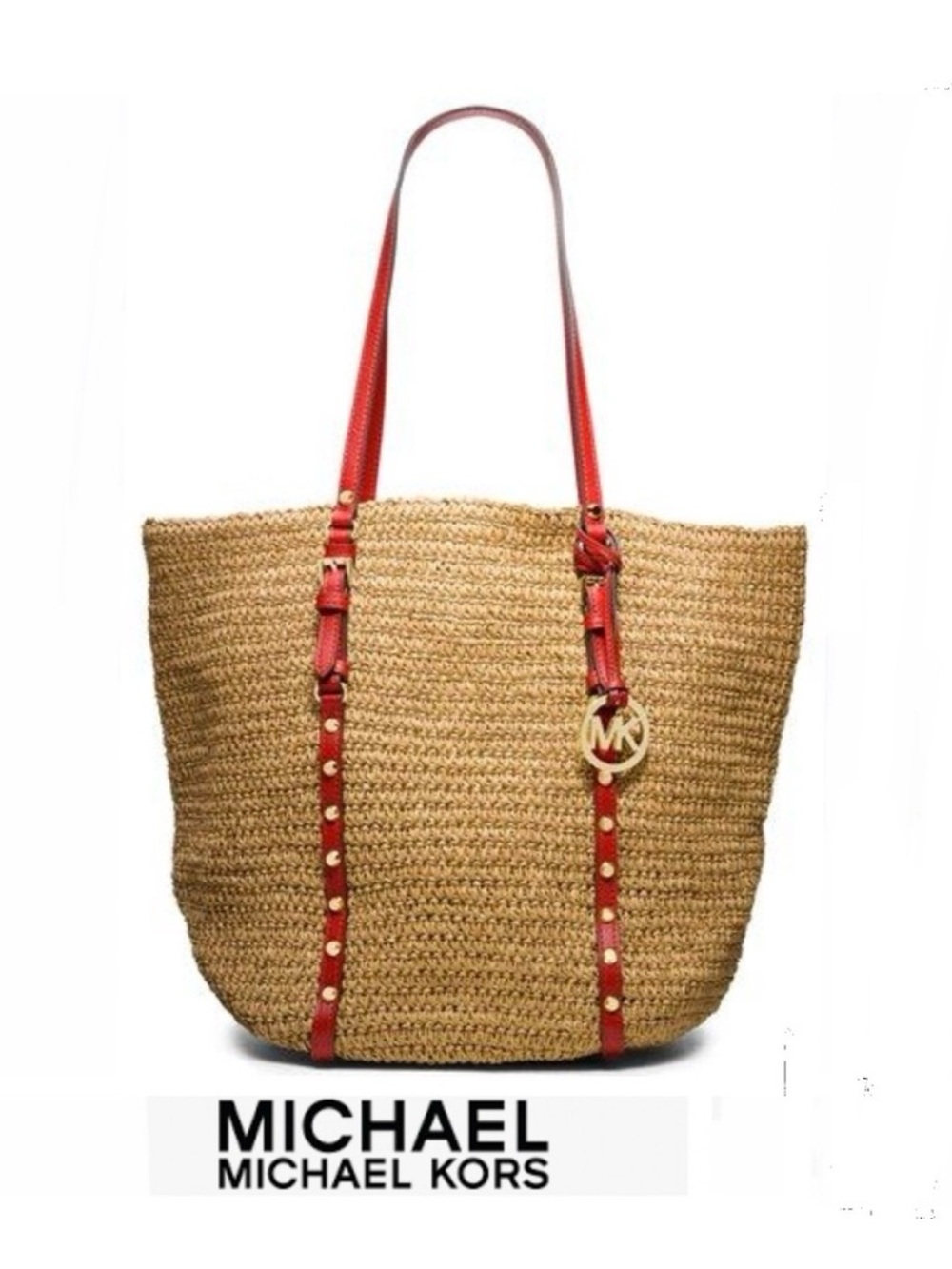 MICHAEL KORS Large Studded Straw Woven Orange Leather Trim Shopping Bag Tote